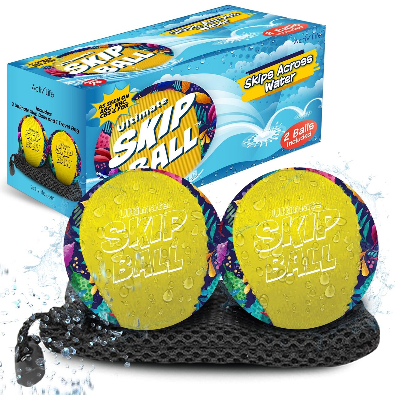 Activ Life 2 Pack Skip Balls, Fun Beach Games for Kids, Adults and Family Swimming Toys, Pool Dive Toy, Water Ball for Vacation (Yellow Jungle)